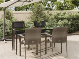 vidaXL 5 Piece Patio Dining Set with Cushions Black and Gray Poly Rattan