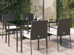 vidaXL 5 Piece Patio Dining Set with Cushions Black Poly Rattan