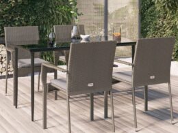vidaXL 5 Piece Patio Dining Set with Cushions Black and Gray Poly Rattan