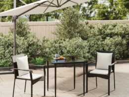 vidaXL 3 Piece Patio Dining Set with Cushions Black Poly Rattan