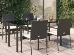 vidaXL 5 Piece Patio Dining Set with Cushions Black Poly Rattan