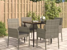 vidaXL 5 Piece Patio Dining Set with Cushions Black and Gray Poly Rattan