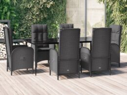 vidaXL 7 Piece Patio Dining Set with Cushions Black Poly Rattan