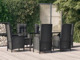 vidaXL 7 Piece Patio Dining Set with Cushions Black Poly Rattan