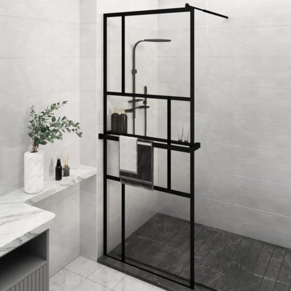 vidaXL Walk-in Shower Wall with Shelf Black 31.5"x76.8" ESG Glass&Aluminum