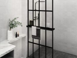 vidaXL Walk-in Shower Wall with Shelf Black 35.4"x76.8" ESG Glass&Aluminum