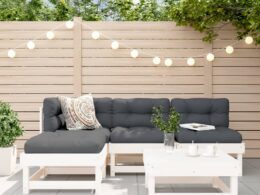 vidaXL 5 Piece Patio Lounge Set with Cushions White Solid Wood
