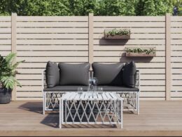 vidaXL 3 Piece Patio Lounge Set with Cushions White Steel