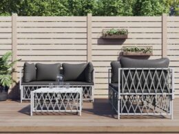 vidaXL 5 Piece Patio Lounge Set with Cushions White Steel