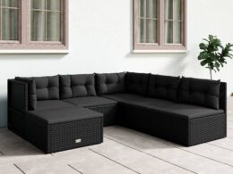 vidaXL 6 Piece Patio Lounge Set with Cushions Black Poly Rattan