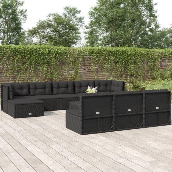 vidaXL 10 Piece Patio Lounge Set with Cushions Black Poly Rattan