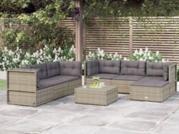 vidaXL 7 Piece Patio Lounge Set with Cushions Gray Poly Rattan