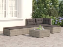 vidaXL 5 Piece Patio Lounge Set with Cushions Gray Poly Rattan