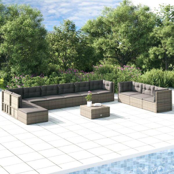 vidaXL 11 Piece Patio Lounge Set with Cushions Gray Poly Rattan