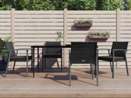 vidaXL 5 Piece Patio Dining Set with Cushions Poly Rattan and Steel