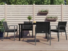 vidaXL 5 Piece Patio Dining Set with Cushions Poly Rattan and Steel