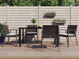 vidaXL 5 Piece Patio Dining Set with Cushions Poly Rattan and Steel