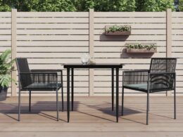 vidaXL 3 Piece Patio Dining Set with Cushions Black Poly Rattan and Steel