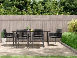 vidaXL 7 Piece Patio Dining Set with Cushions Black Poly Rattan and Steel