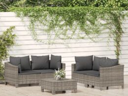 vidaXL 5 Piece Patio Lounge Set with Cushions Gray Poly Rattan