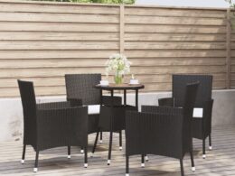 vidaXL 5 Piece Patio Bistro Set with Cushions Black Poly Rattan