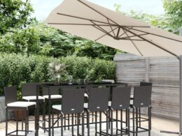 vidaXL 11 Piece Patio Bar Set with Cushions Black Poly Rattan