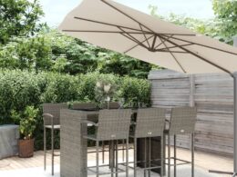 vidaXL 7 Piece Patio Bar Set Gray Poly Rattan