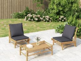 vidaXL Patio Chairs 2 pcs with Dark Gray Cushions Bamboo