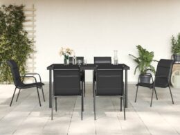 vidaXL 7 Piece Patio Dining Set Black Steel and Textilene