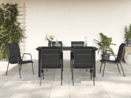 vidaXL 7 Piece Patio Dining Set Black Steel and Textilene