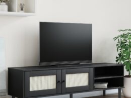 vidaXL TV Stand SENJA Rattan Look Black 62.2"x15.7"x19.3" Solid Wood Pine