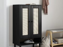 vidaXL Shoe Cabinet SENJA Rattan Look Black 23.4"x13.8"x42.1" Solid Wood