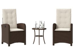 vidaXL 3 Piece Bistro Set with Cushions Brown Poly Rattan