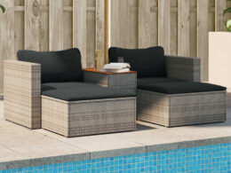 vidaXL 5 Piece Patio Sofa Set with Cushions Gray Poly Rattan Acacia