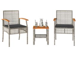 vidaXL 3 Piece Bistro Set with Cushions Gray Poly Rattan Acacia Wood