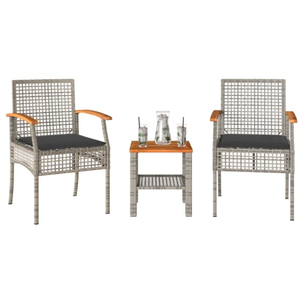 vidaXL 3 Piece Bistro Set with Cushions Gray Poly Rattan Acacia Wood