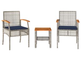 vidaXL 3 Piece Bistro Set with Cushions Gray Poly Rattan Acacia Wood