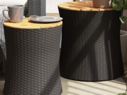 vidaXL Patio Side Tables 2 pcs with Wooden Top Black Poly Rattan