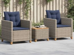 vidaXL 3 Piece Bistro Set with Cushions Gray Poly Rattan Acacia Wood