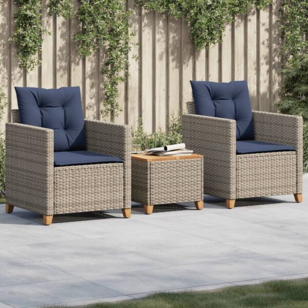 vidaXL 3 Piece Bistro Set with Cushions Gray Poly Rattan Acacia Wood