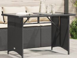 vidaXL Patio Table with Glass Top Black 43.3"x26.8"x27.6" Poly Rattan