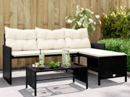 vidaXL Patio Sofa with Table and Cushions L-Shaped Black Poly Rattan