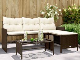 vidaXL Patio Sofa with Table and Cushions L-Shaped Brown Poly Rattan