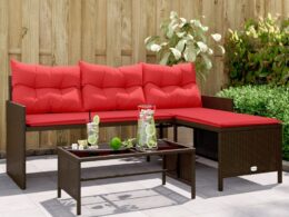vidaXL Patio Sofa with Table and Cushions L-Shaped Brown Poly Rattan
