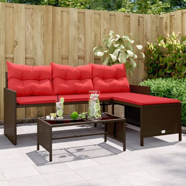 vidaXL Patio Sofa with Table and Cushions L-Shaped Brown Poly Rattan