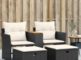 vidaXL Patio Sofa 2-Seater with Stools Black Poly Rattan