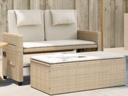 vidaXL Reclining Patio Bench with Cushions Beige Poly Rattan