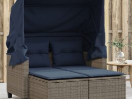 vidaXL Patio Sofa 2-Seater with Canopy and Stools Gray Poly Rattan