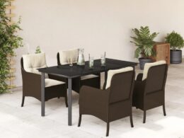 vidaXL 5 Piece Patio Dining Set with Cushions Brown Poly Rattan