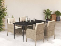 vidaXL 5 Piece Patio Dining Set with Cushions Beige Poly Rattan